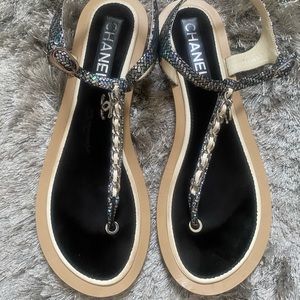 CHANEL Holographic Black White Logo Sandals